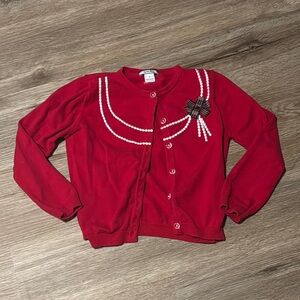 Red Cardigan with Pearl Accents